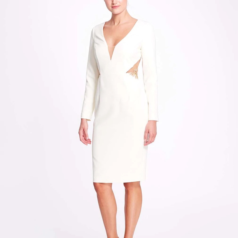 Marchesa Notte Ivory Bridal Long Sleeve Crepe V Neck Cut Out Dress Size 4 NWT